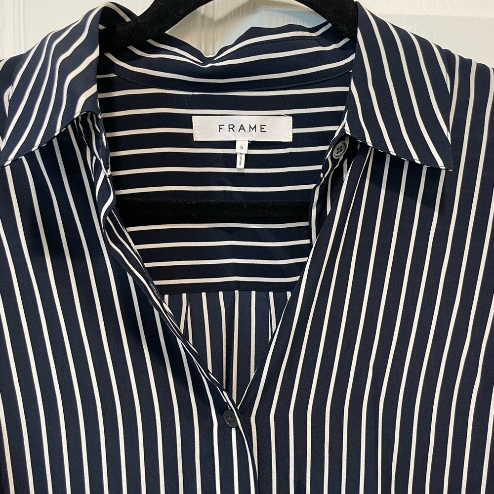 FRAME The Standard Silk Shirt in Navy Stripe - Picture 3 of 8